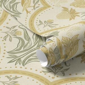 Carta da parati Ornamento con tulipano, uccelli e farfalle, ocra, Parati fiori e piante classici, a00722 : Uwalls.it