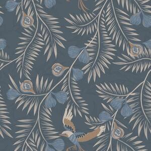 Carta da parati Uccello tra frutti blu e foglie di palma, indaco, Parati fiori e piante classici, a00726 : Uwalls.it