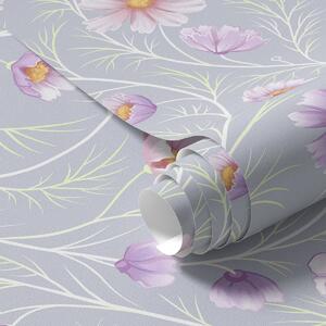 Carta da parati Cosmos rosa e steli sottili su sfondo grigio, Parati fiori e piante classici, a00791 : Uwalls.it