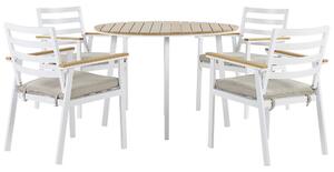 Set da pranzo all'aperto Tavolo rotondo a 4 posti in alluminio bianco da 105 cm Sedie a doghe con imbottiture per sedile beige Beliani