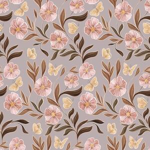 Carta da parati Fiori rosa e farfalle su sfondo grigio-beige, Parati fiori e piante classici, a00633 : Uwalls.it