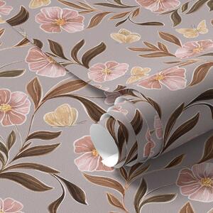Carta da parati Fiori rosa e farfalle su sfondo grigio-beige, Parati fiori e piante classici, a00633 : Uwalls.it