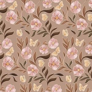 Carta da parati Fiori rosa e farfalle su uno sfondo marrone caldo, Parati fiori e piante classici, a00633v1 : Uwalls.it