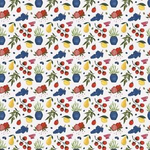 Carta da parati Motivo botanico con frutta dai colori vivaci su sfondo bianco, Parati classici Cibo e bevande, a00637v1 : Uwalls.it