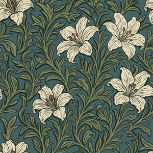 Carta da parati Gigli color crema tra una fitta vegetazione su sfondo turchese, Parati fiori e piante classici, a00645 : Uwalls.it