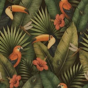 Carta da parati Tucani e pappagalli tra fogliame tropicale e fiori, Parati fiori e piante classici, a00702 : Uwalls.it