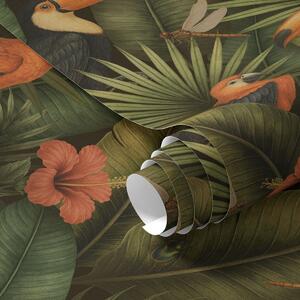 Carta da parati Tucani e pappagalli tra fogliame tropicale e fiori, Parati fiori e piante classici, a00702 : Uwalls.it