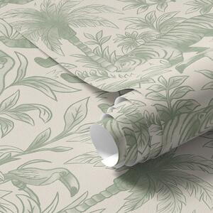 Carta da parati Tigri e uccelli tropicali tra le palme su uno sfondo chiaro, Parati foresta classici, a00711 : Uwalls.it