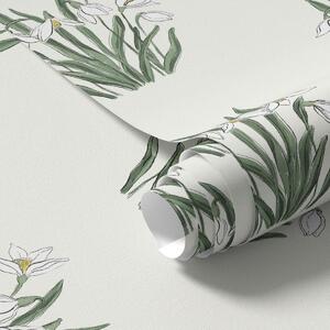 Carta da parati Bucaneve con foglie verdi su sfondo grigio chiaro, Parati fiori e piante classici, a00651v1 : Uwalls.it