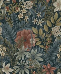Carta da parati Sfondo scuro con fiori e foglie fitti dai toni caldi, Parati fiori e piante classici, a00678 : Uwalls.it