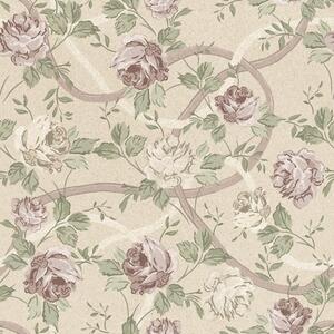 Carta da parati Rose con foglie verdi su una calda base beige, Parati fiori e piante classici, a00729 : Uwalls.it