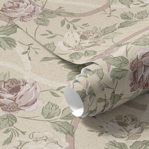 Carta da parati Rose con foglie verdi su una calda base beige, Parati fiori e piante classici, a00729 : Uwalls.it