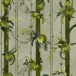 Carta da parati Foglie verdi a strisce verticali su sfondo grigio, Parati fiori e piante classici, a00807v1 : Uwalls.it