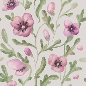 Carta da parati Delicati papaveri rosa con foglie realizzati con la tecnica dell'acquerello, Parati fiori e piante classici, a00830 : Uwalls.it