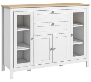 Mobile Cucina Credenza 120x40x90 cm con 2 Cassetti e 3 Armadietti Ante in Vetro Bianco e Rovere