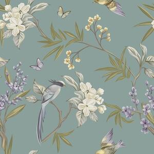 Carta da parati Uccelli, fiori e farfalle su sfondo grigio-blu, Parati fiori e piante classici, a00735 : Uwalls.it