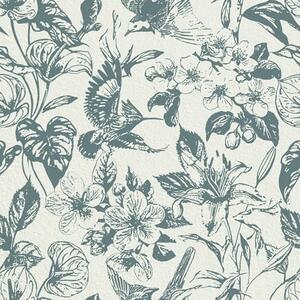 Carta da parati Ornamento floreale monocromatico con uccelli, Parati fiori e piante classici, a00737 : Uwalls.it
