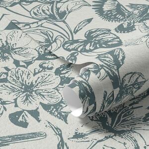 Carta da parati Ornamento floreale monocromatico con uccelli, Parati fiori e piante classici, a00737 : Uwalls.it