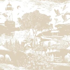 Carta da parati Scena con faro, alberi e case in terra di Siena, Parati stile vintage classici, a00739 : Uwalls.it