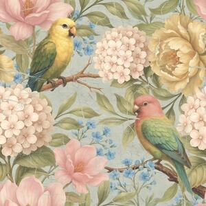 Carta da parati Pappagalli tra peonie, ortensie e magnolie, Parati fiori e piante classici, a00747 : Uwalls.it