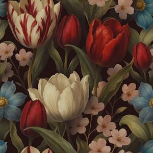 Carta da parati Tulipani luminosi e fiori blu su sfondo scuro, Parati fiori e piante classici, a00746 : Uwalls.it