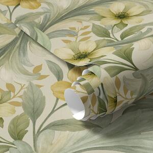 Carta da parati Volute di acanto con fiori nei toni del verde e del giallo, Parati fiori e piante classici, a00749 : Uwalls.it