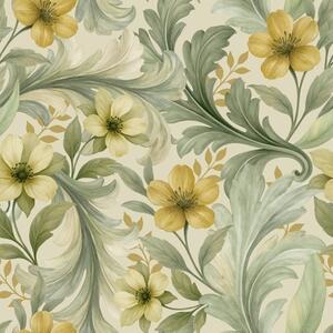 Carta da parati Volute di acanto con fiori nei toni del verde e del giallo, Parati fiori e piante classici, a00749 : Uwalls.it