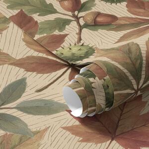 Carta da parati Foglie autunnali, ghiande e bacche su sfondo beige, Parati natura classici, Parati natura foglie classici, a00754 : Uwalls.it