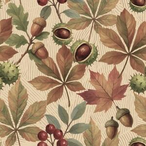Carta da parati Foglie autunnali, ghiande e bacche su sfondo beige, Parati natura classici, Parati natura foglie classici, a00754 : Uwalls.it
