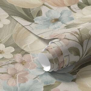 Carta da parati Tulipani e fiori pastello su sfondo chiaro screpolato, Parati fiori e piante classici, a00756 : Uwalls.it