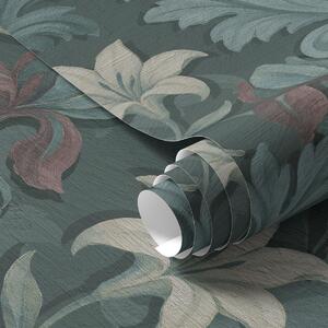 Carta da parati Sfondo verde scuro con iris e foglie decorative, Parati fiori e piante classici, a00755 : Uwalls.it