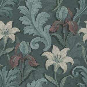 Carta da parati Sfondo verde scuro con iris e foglie decorative, Parati fiori e piante classici, a00755 : Uwalls.it