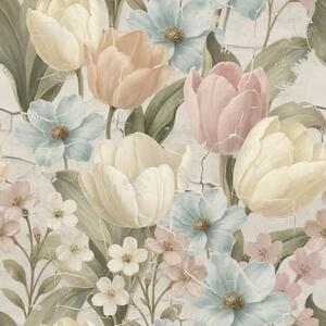 Carta da parati Tulipani e fiori pastello su sfondo chiaro screpolato, Parati fiori e piante classici, a00756 : Uwalls.it