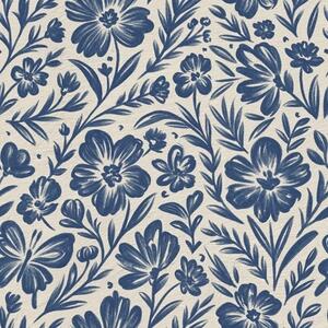 Carta da parati Ornamento floreale blu con farfalle, Parati fiori e piante classici, a00758 : Uwalls.it