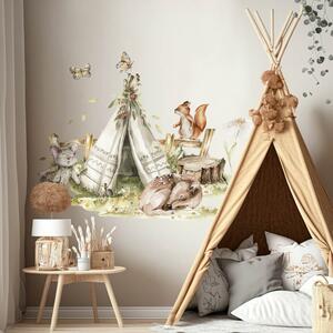 Adesivo murale Woodland - Tenda Teepee e animali della foresta