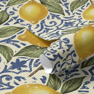 Carta da parati Rami di limone con sfondo ornamentale blu, Parati classici Cibo e bevande, a00763 : Uwalls.it