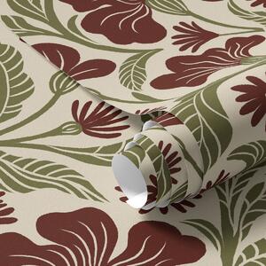 Carta da parati Fiori bordeaux con foglie verdi su sfondo chiaro, Parati fiori e piante classici, a00761 : Uwalls.it
