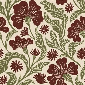 Carta da parati Fiori bordeaux con foglie verdi su sfondo chiaro, Parati fiori e piante classici, a00761 : Uwalls.it