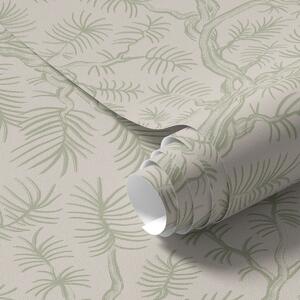 Carta da parati Rami di pino in tonalità verde chiaro su sfondo beige, Parati fiori e piante classici, a00838v1 : Uwalls.it