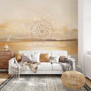 Carta da parati Disegno mandala simmetrico e strutturato che sovrappone un paesaggio con mare,, Carta da parati in stile Boho, w09491 : Uwalls.it