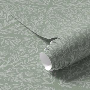 Carta da parati Damasco botanico su sfondo menta-oliva, Parati fiori e piante classici, a00815 : Uwalls.it