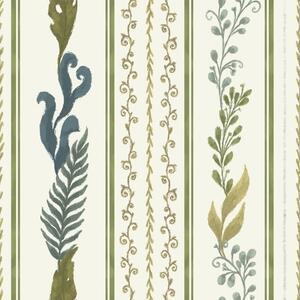 Carta da parati Strisce con ornamenti a volute e grandi rami verdi, Parati fiori e piante classici, a00823 : Uwalls.it