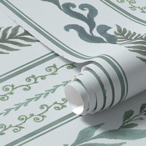Carta da parati Righe con rami e riccioli su sfondo azzurro freddo, Parati fiori e piante classici, a00823v1 : Uwalls.it