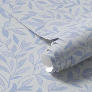 Carta da parati Ramoscelli blu con foglie su sfondo azzurro, Parati fiori e piante classici, a00842 : Uwalls.it