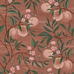 Carta da parati Pesche sui rami con fiori rosa, terreno color terracotta, Parati fiori e piante classici, a00856 : Uwalls.it