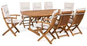 Set da pranzo per esterni in legno di acacia chiaro con cuscini bianco sporco tavolo a 8 posti sedie pieghevoli design rustico Beliani