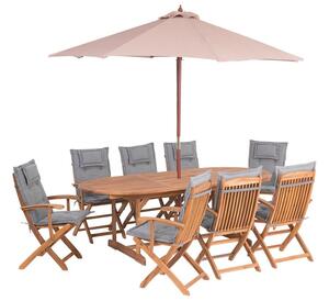 Set da pranzo per esterni in legno di acacia chiaro con cuscini grigi Tavolo a 8 posti sedie pieghevoli Ombrello beige Design rustico Beliani