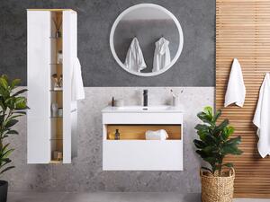 Set di 3 mobili da bagno in MDF bianco con lavabo in ceramica montaggio a parete mobiletto alto specchio rotondo a LED Beliani