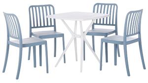Set da pranzo da giardino in plastica blu e bianca a 4 posti tavolo quadrato sedie impilabili resistenti alle intemperie Beliani