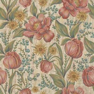 Carta da parati Tulipani e astri vintage, fondo color crema testurizzato, Parati fiori e piante classici, a00773 : Uwalls.it